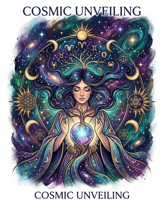 Cosmic Unveiling artwork with woman, celestial body, and zodiac symbols.