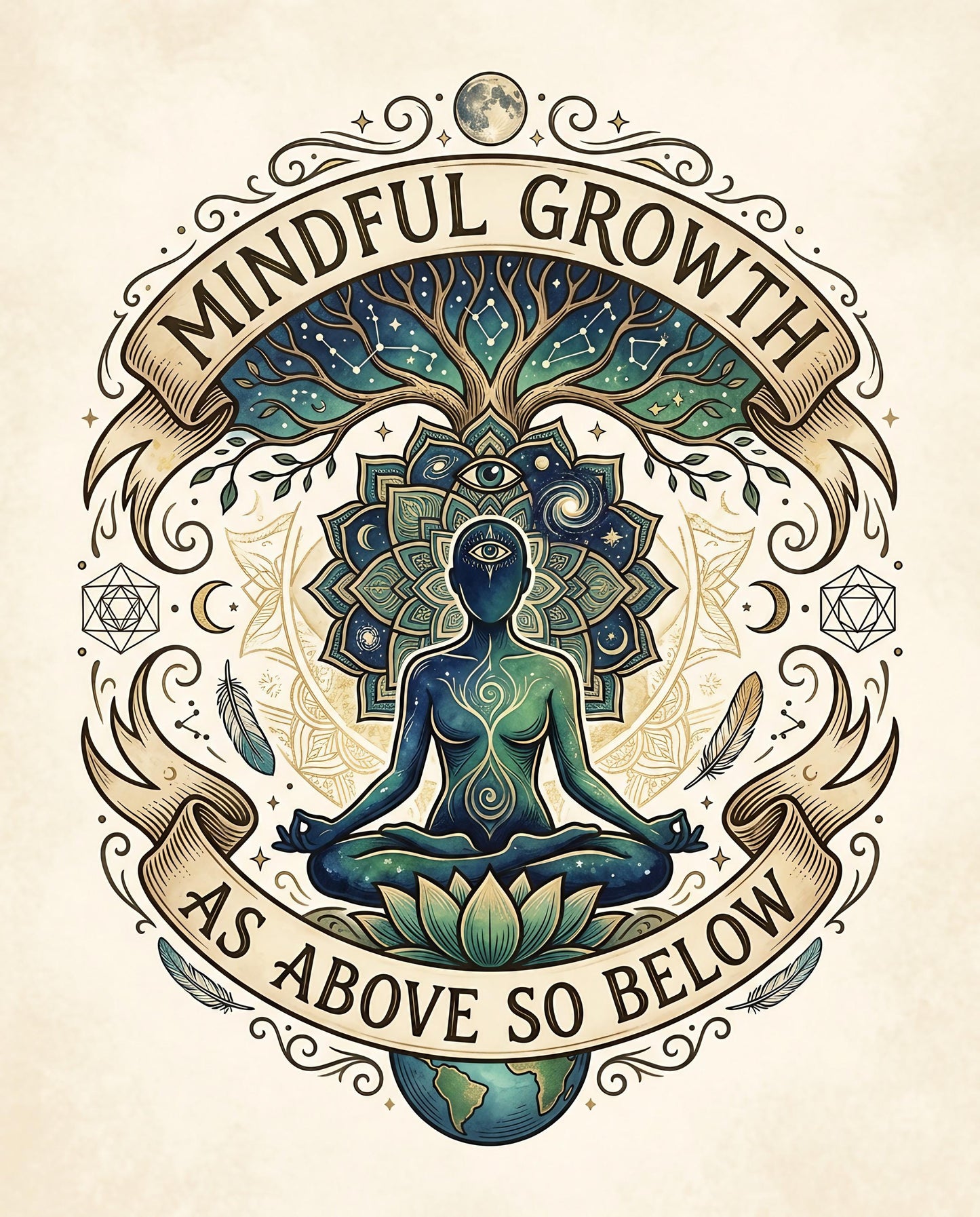 Meditating figure with tree of life and celestial elements, text "MINDFUL GROWTH AS ABOVE SO BELOW".