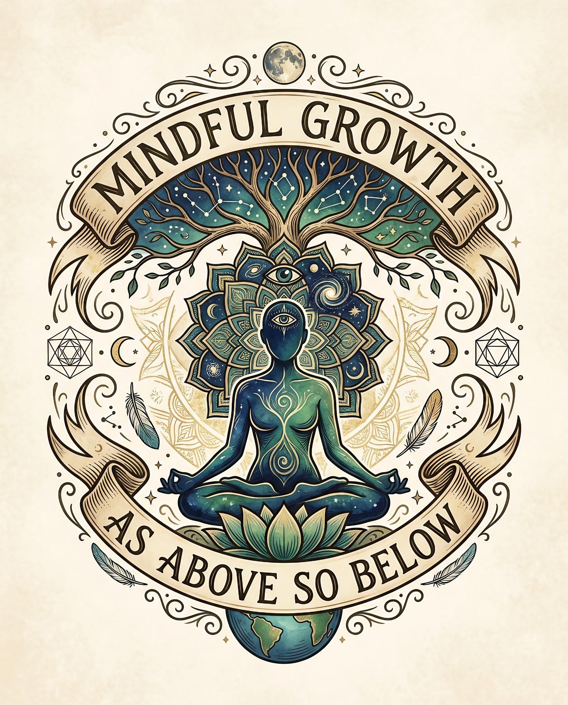 Meditating figure with tree of life and celestial elements, text "MINDFUL GROWTH AS ABOVE SO BELOW".