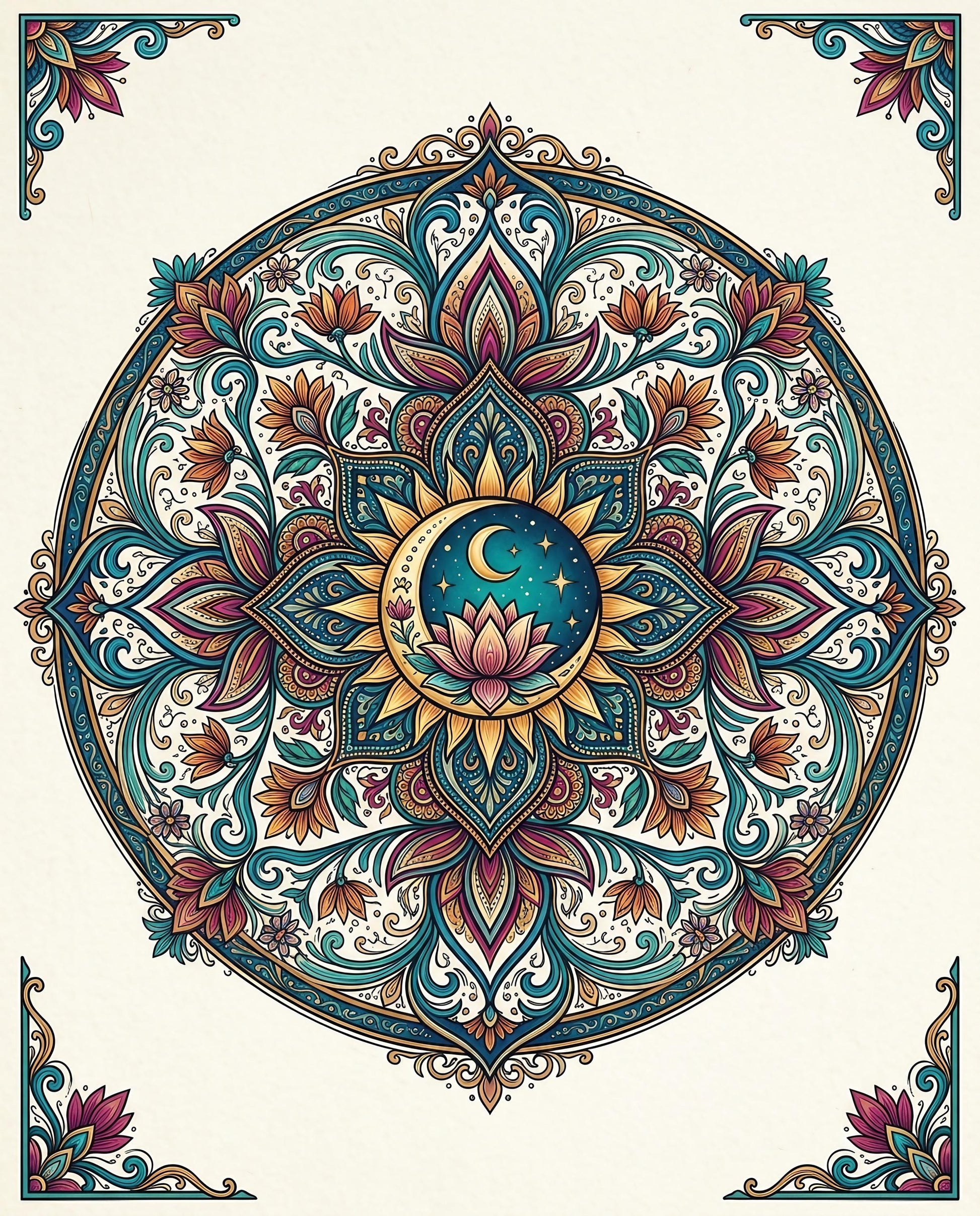 Intricate mandala with celestial moon and star motif in vibrant colors.