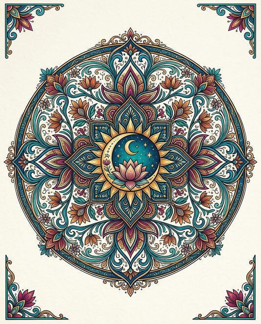 Intricate mandala with celestial moon and star motif in vibrant colors.