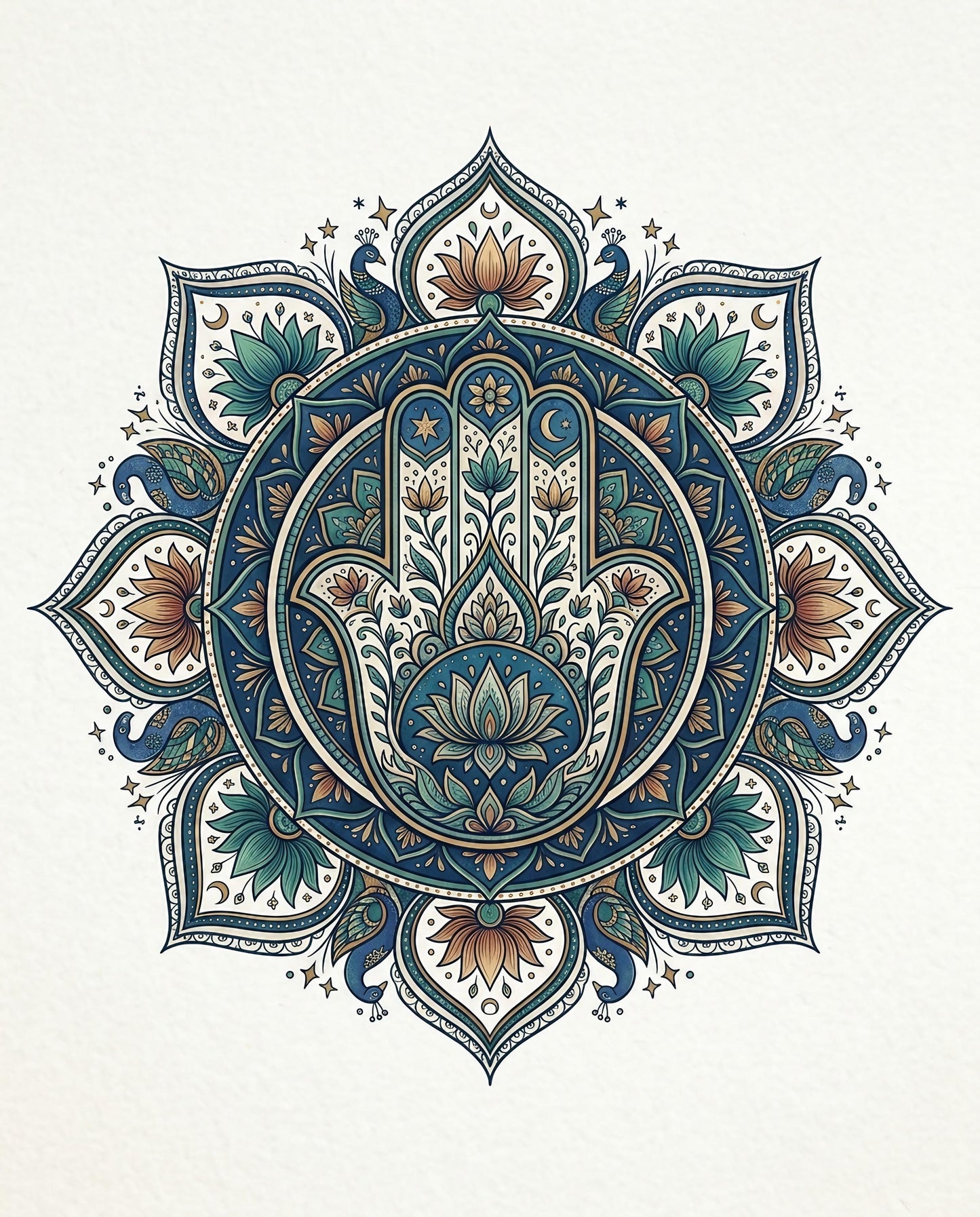 Ornate Hamsa hand mandala with peacocks and floral elements.