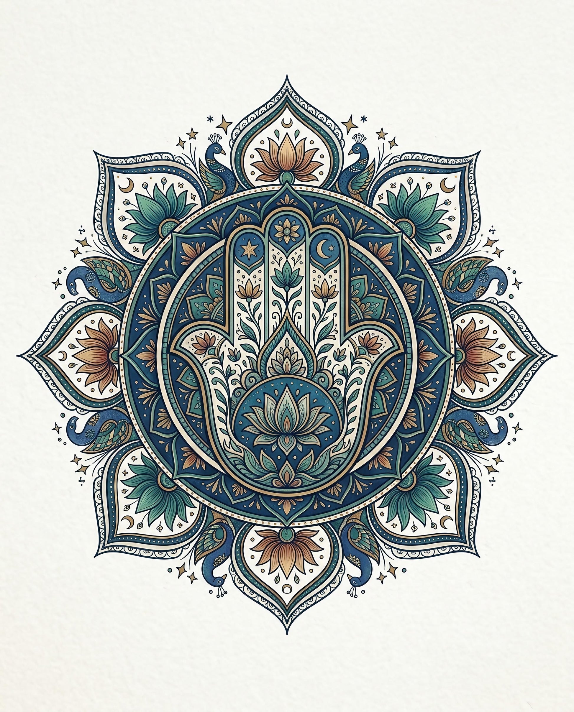 Ornate Hamsa hand mandala with peacocks and floral elements.