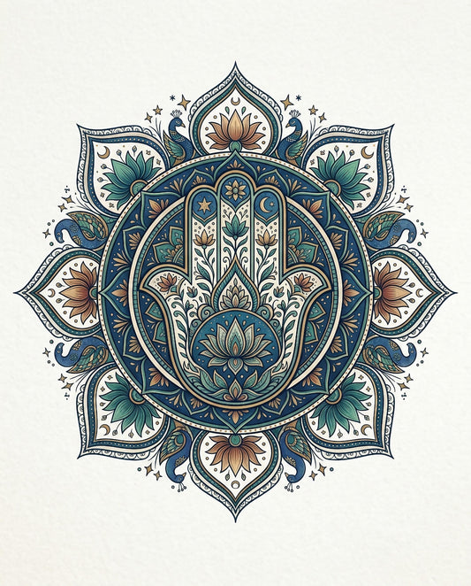 Ornate Hamsa hand mandala with peacocks and floral elements.