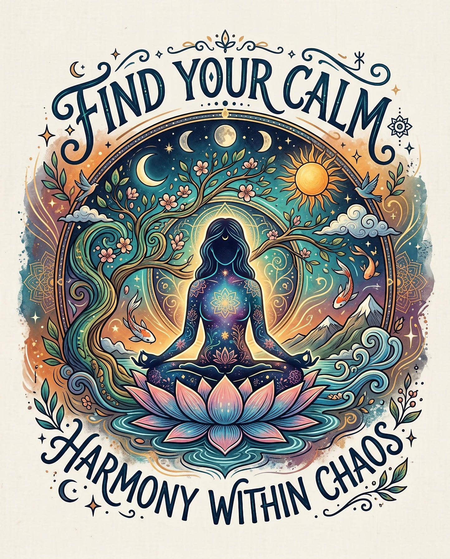 Woman meditating in lotus pose with "Find Your Calm Harmony Within Chaos" text.