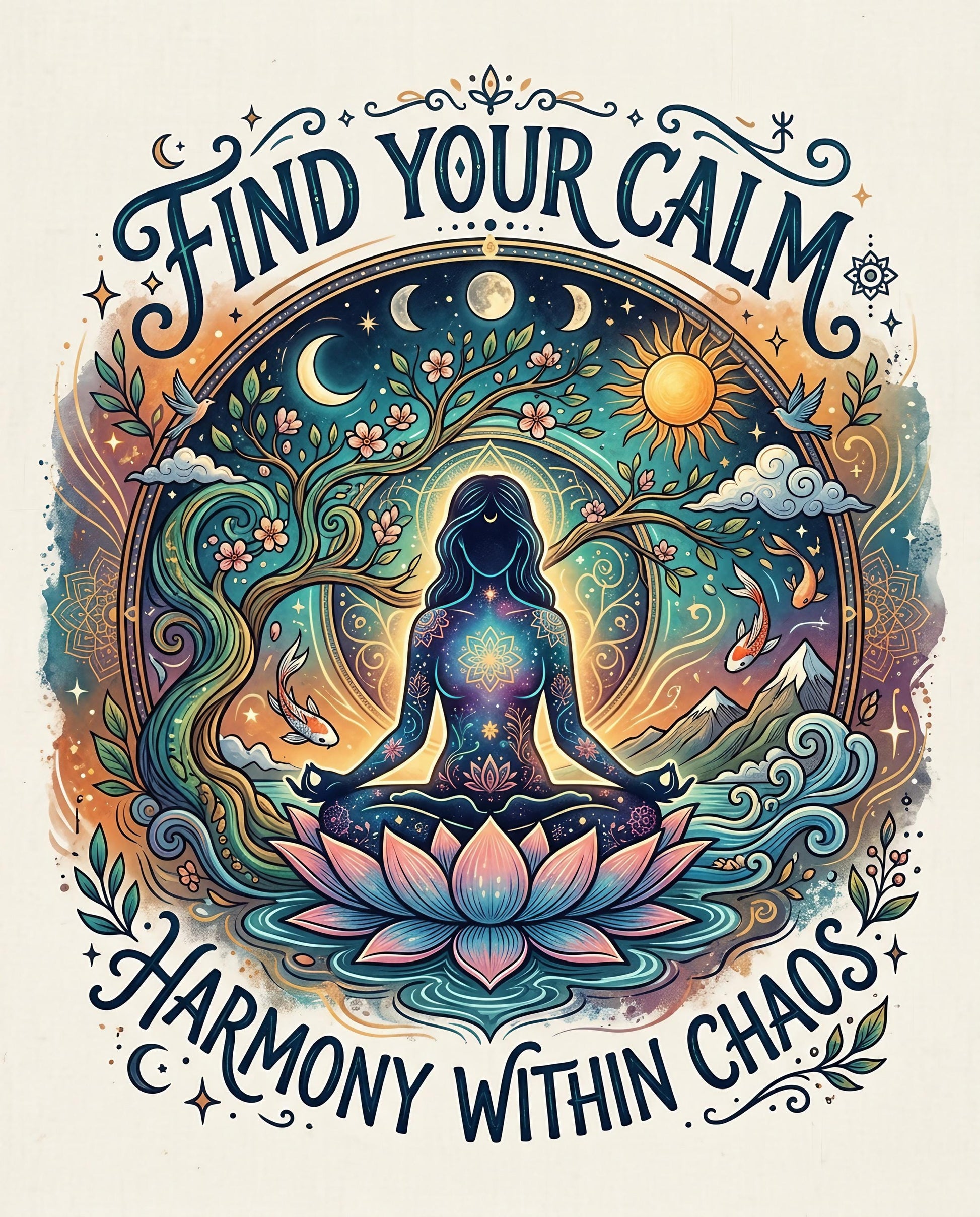 Woman meditating in lotus pose with "Find Your Calm Harmony Within Chaos" text.