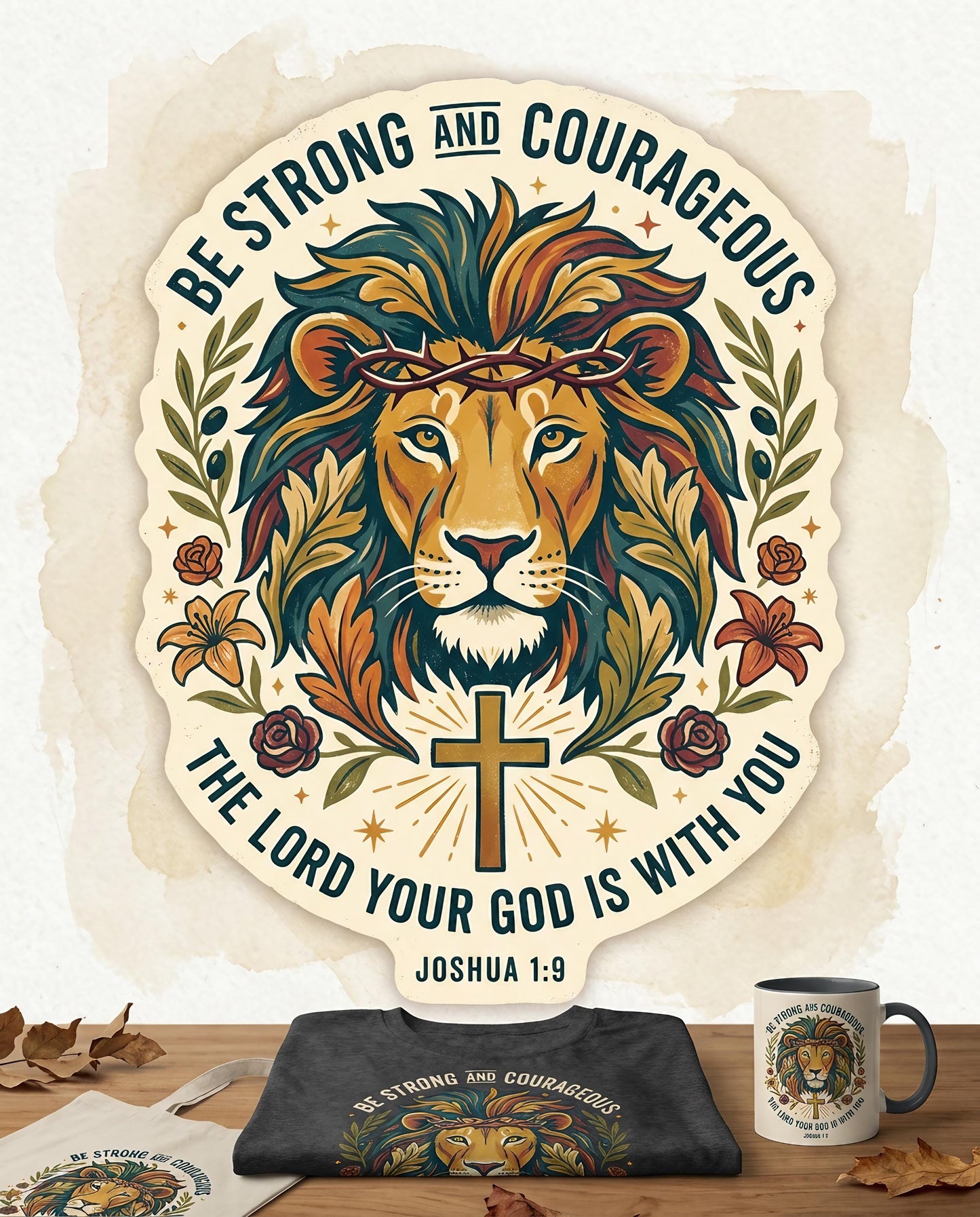 Lion with crown of thorns and cross, "Be Strong and Courageous."