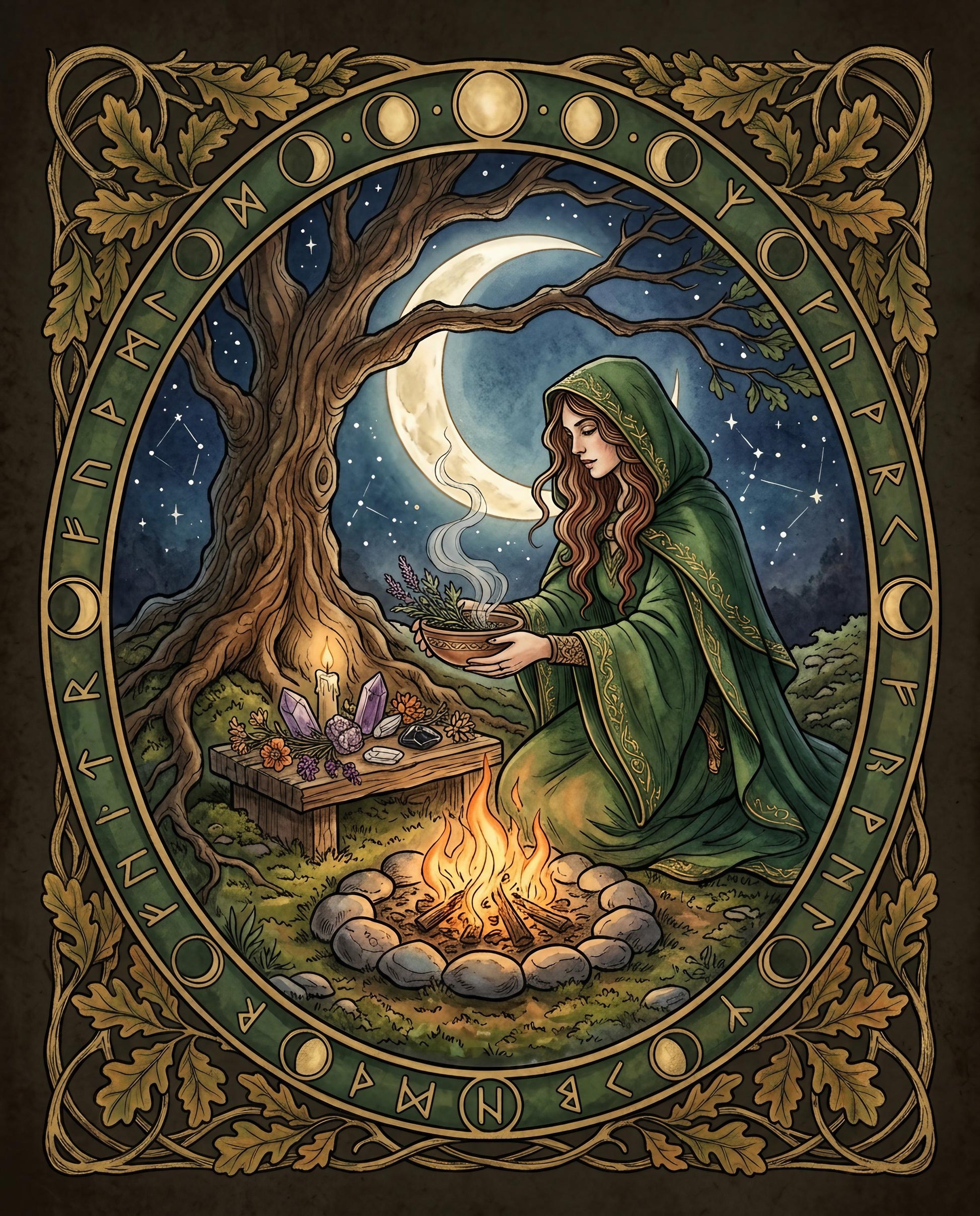 Woman in green robe performing a ritual by a campfire under a moonlit tree.