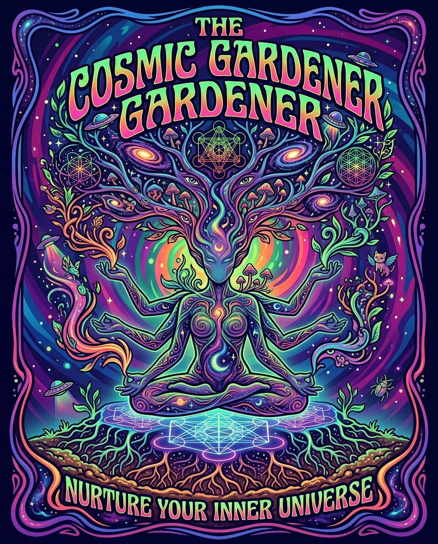 The Cosmic Gardener meditating, nurturing inner universe, psychedelic art.
