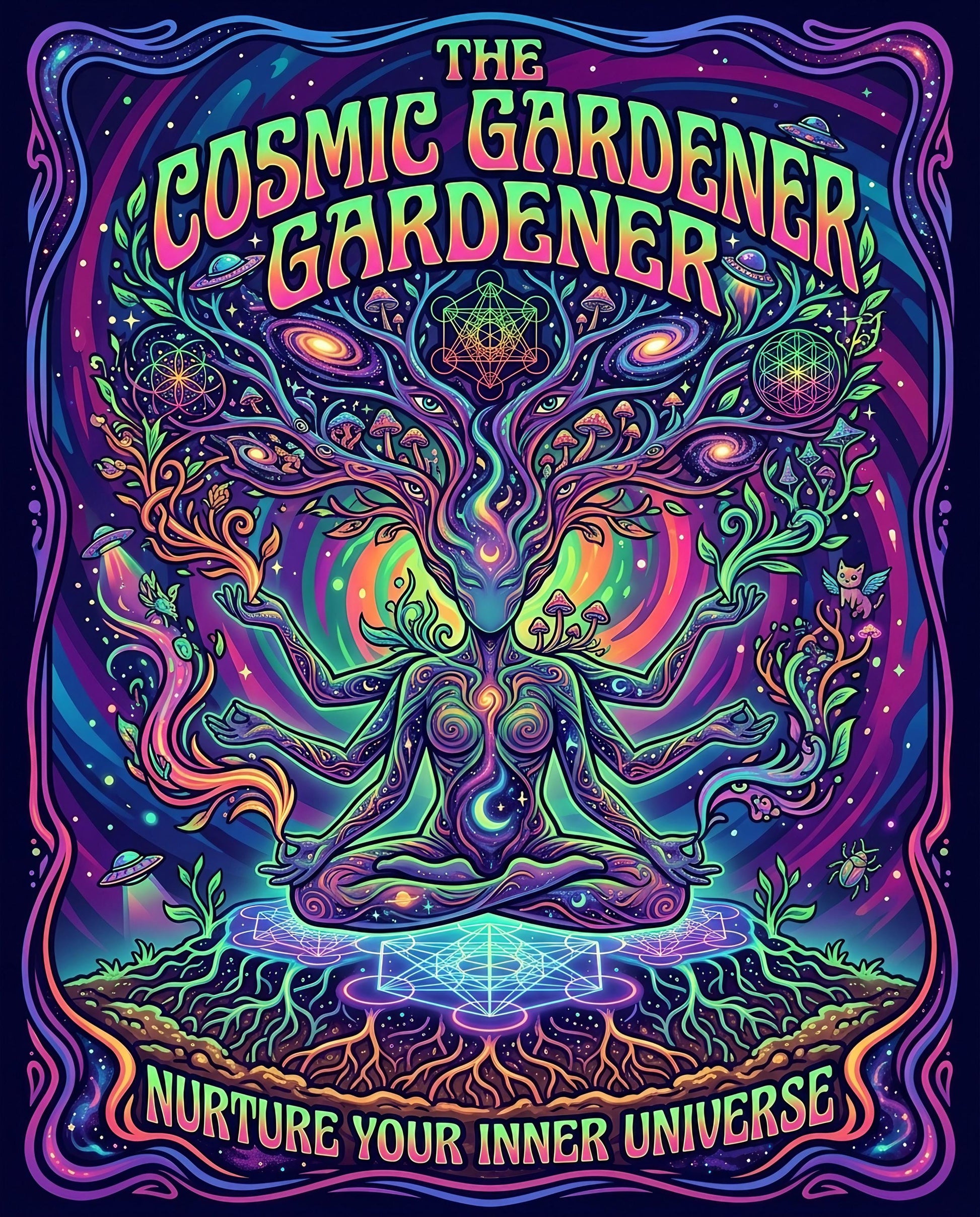 The Cosmic Gardener meditating, nurturing inner universe, psychedelic art.