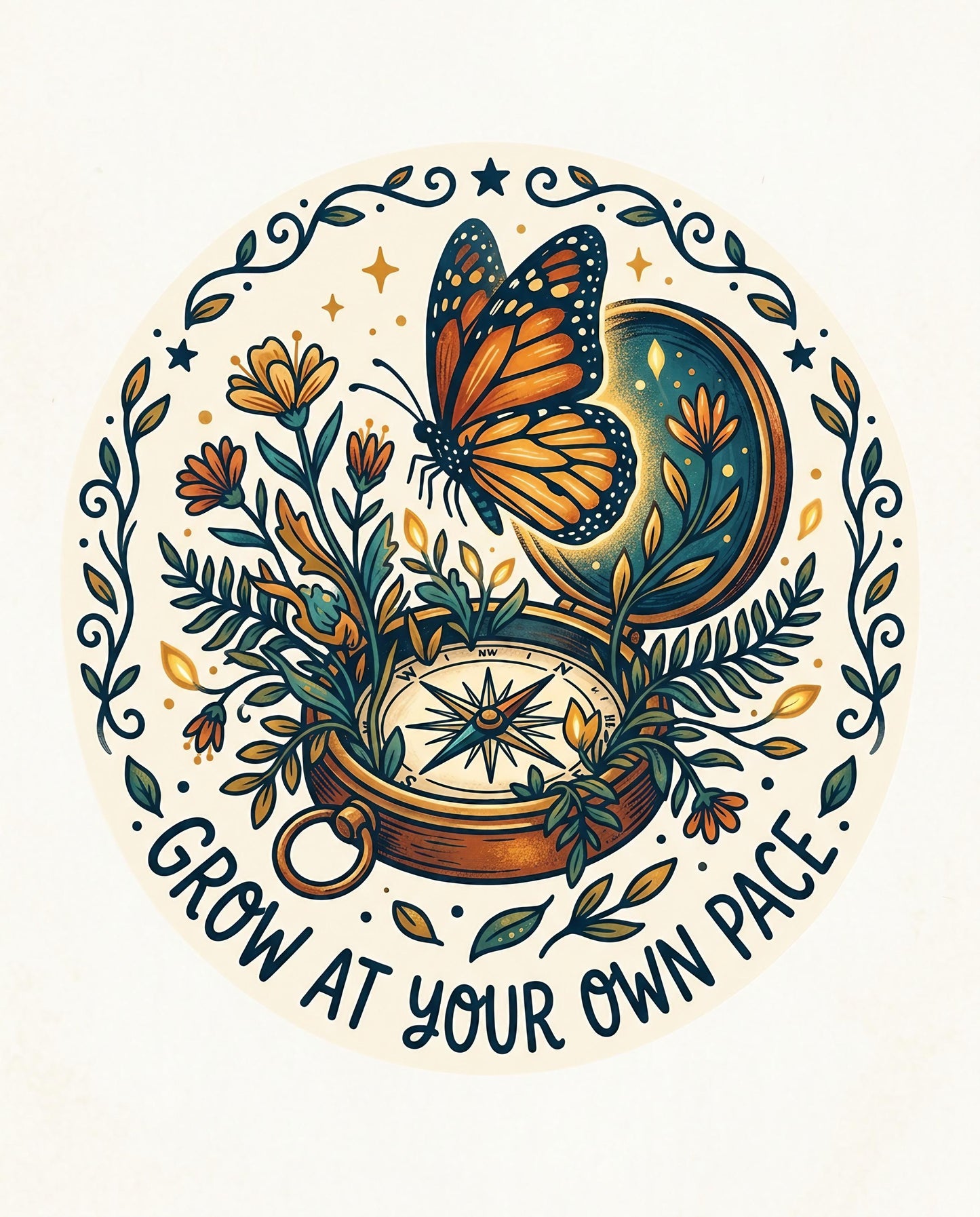 Orange butterfly over compass with flowers and text "GROW AT YOUR OWN PACE".