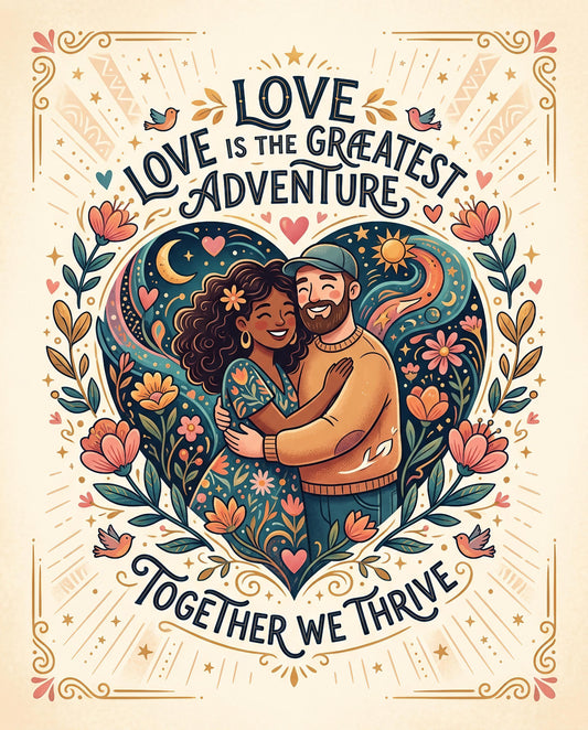 Couple embracing within a heart shaped floral design, text reads "Love is the greatest adventure, together we thrive."