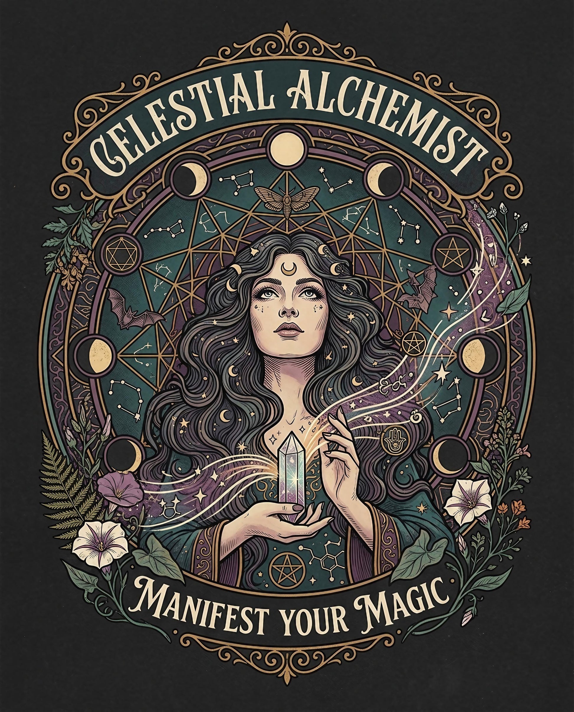Celestial Alchemist logo with woman holding crystal and text "Manifest Your Magic".