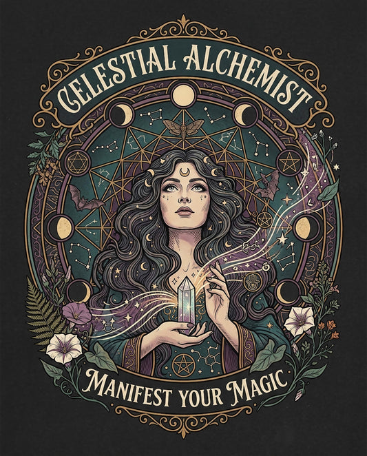 Celestial Alchemist logo with woman holding crystal and text "Manifest Your Magic".