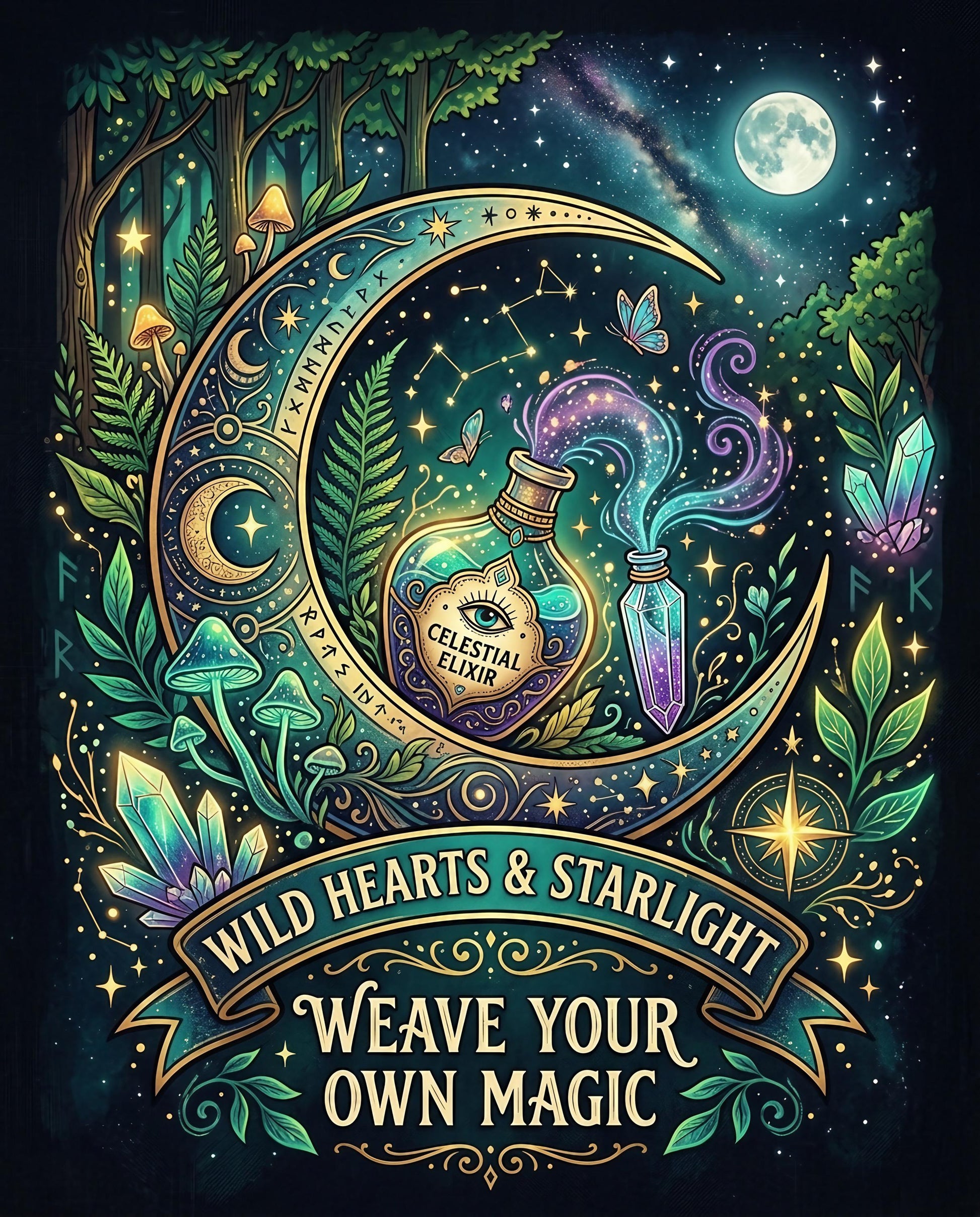 Crescent moon with celestial elixir bottle and crystals, text "Wild Hearts & Starlight".