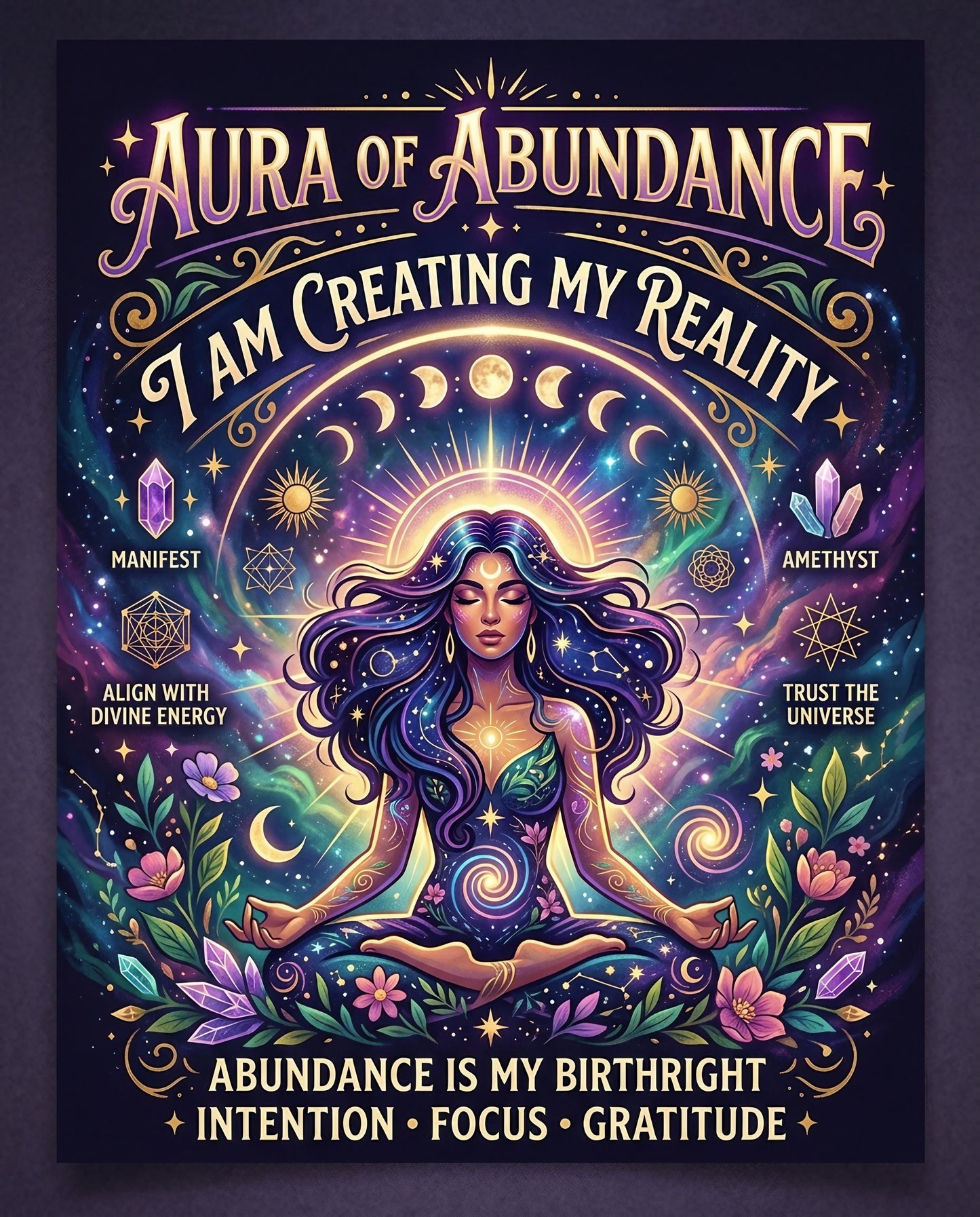 Woman meditating with spiritual symbols and text about abundance and manifestation.