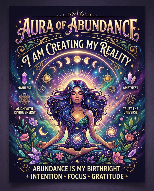 Woman meditating with spiritual symbols and text about abundance and manifestation.