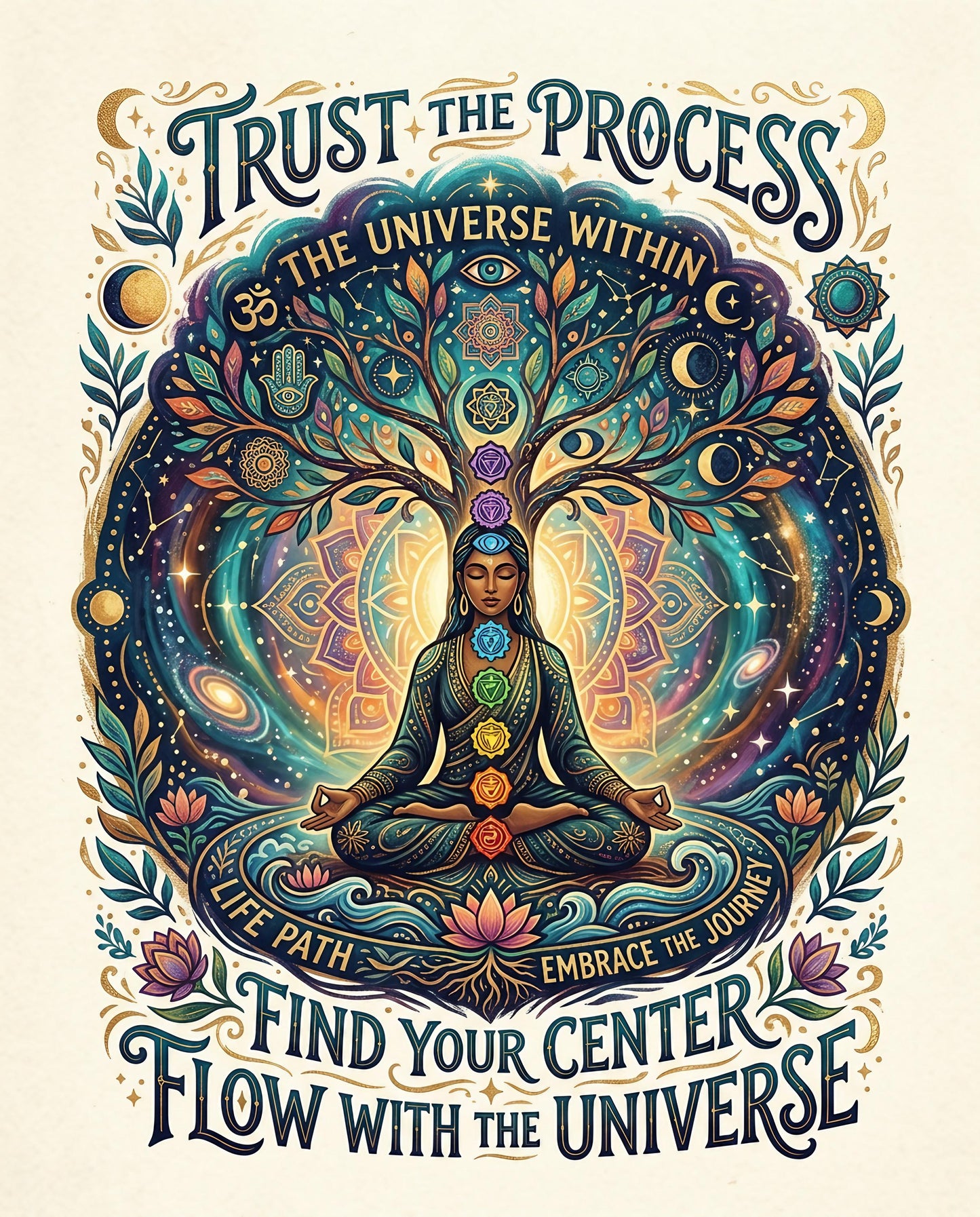 Person meditating under a cosmic tree, with inspirational text.