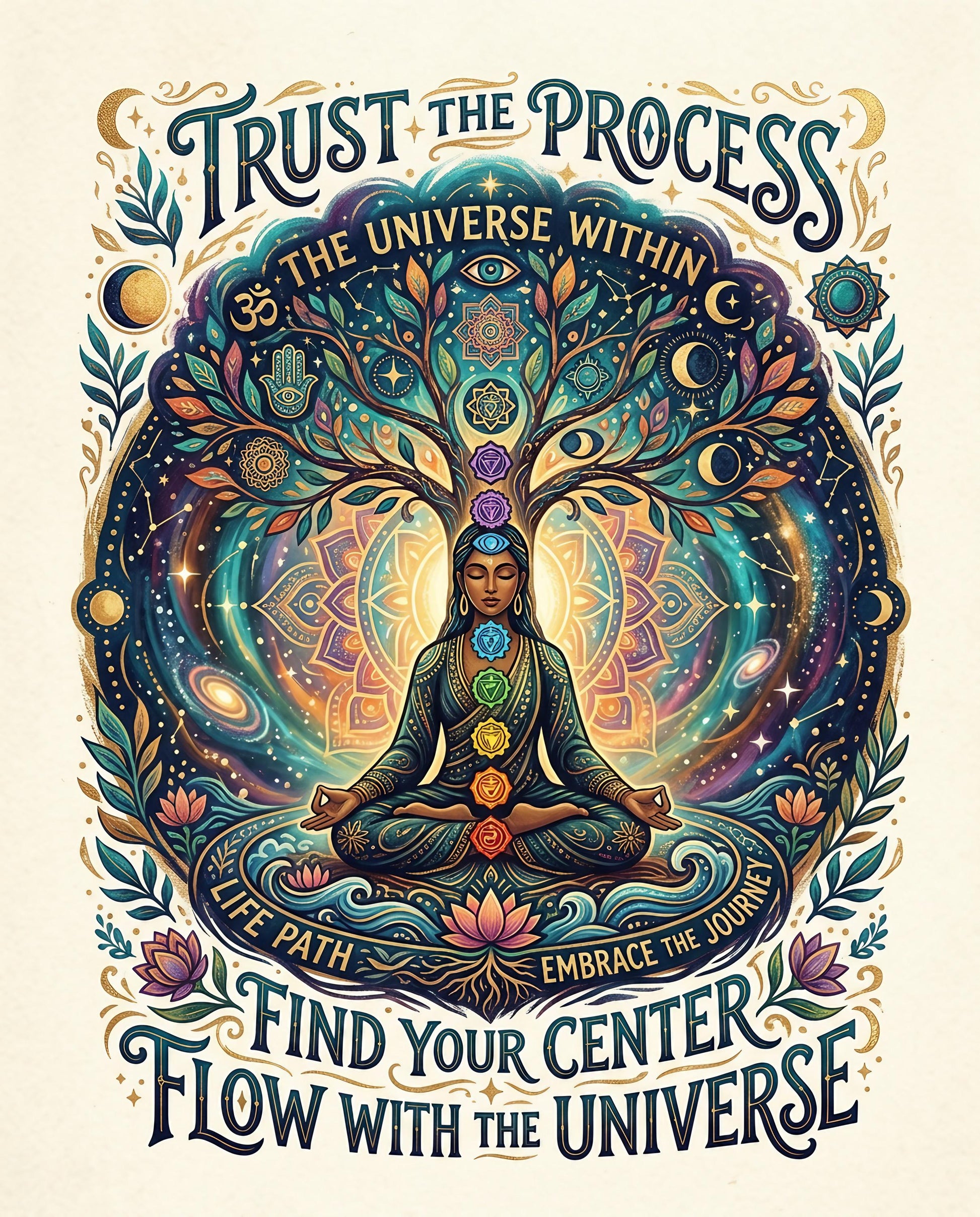 Person meditating under a cosmic tree, with inspirational text.