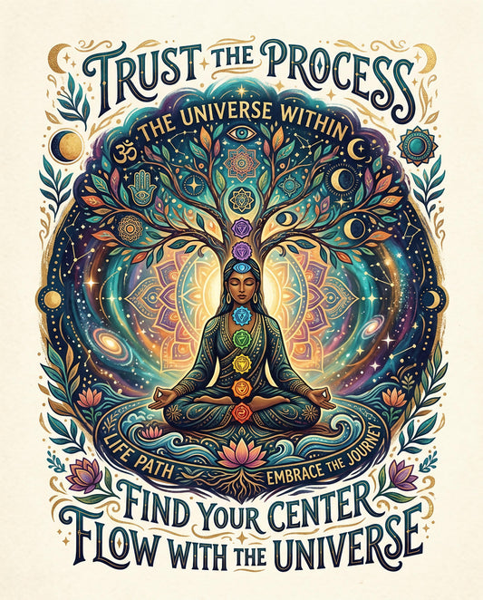 Person meditating under a cosmic tree, with inspirational text.