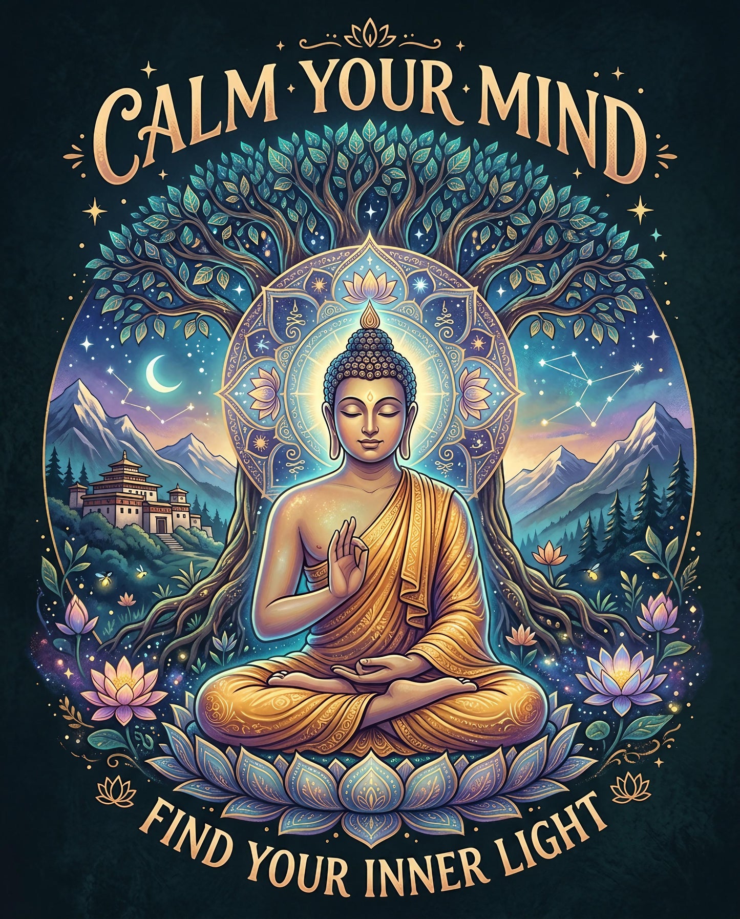 Buddha meditating under a cosmic tree, with "Calm Your Mind, Find Your Inner Light" text.