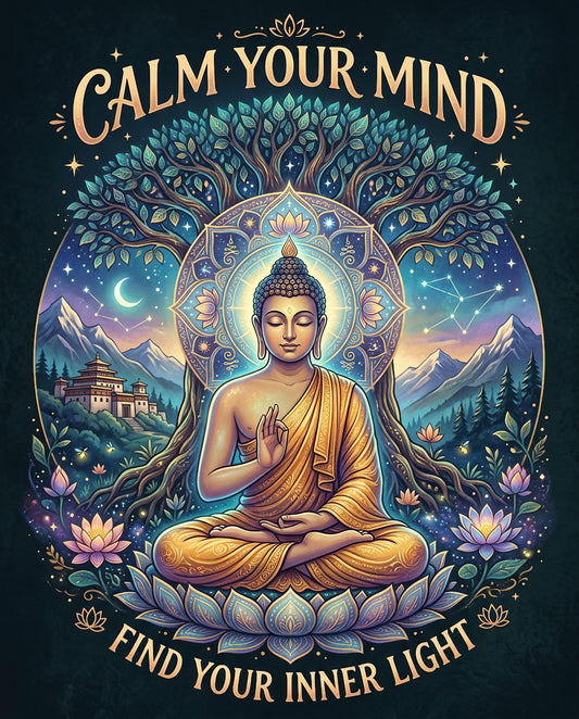 Buddha meditating under a cosmic tree, with "Calm Your Mind, Find Your Inner Light" text.