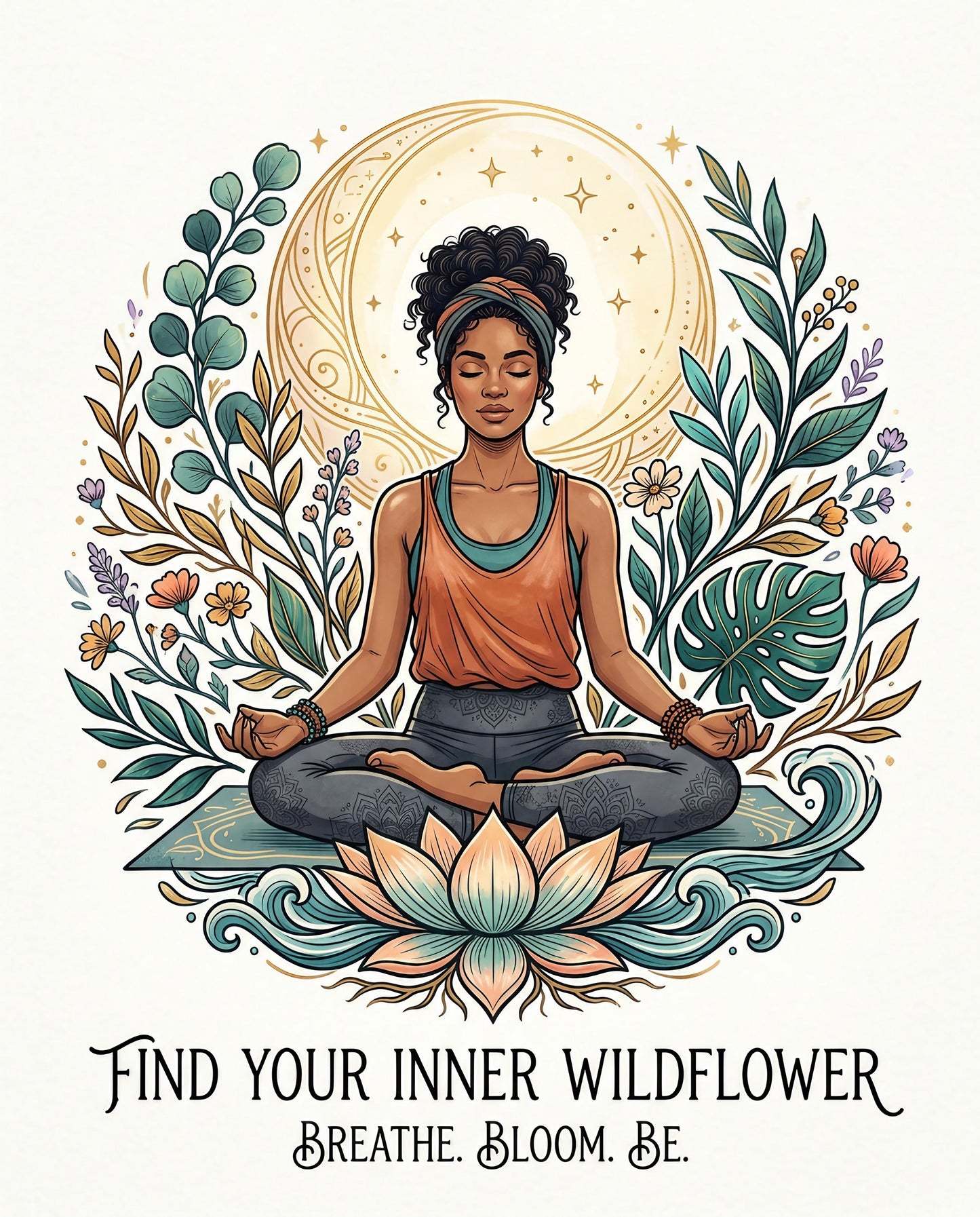 Woman meditating surrounded by floral wreath, moon, and text "FIND YOUR INNER WILDFLOWER. BREATHE. BLOOM. BE."