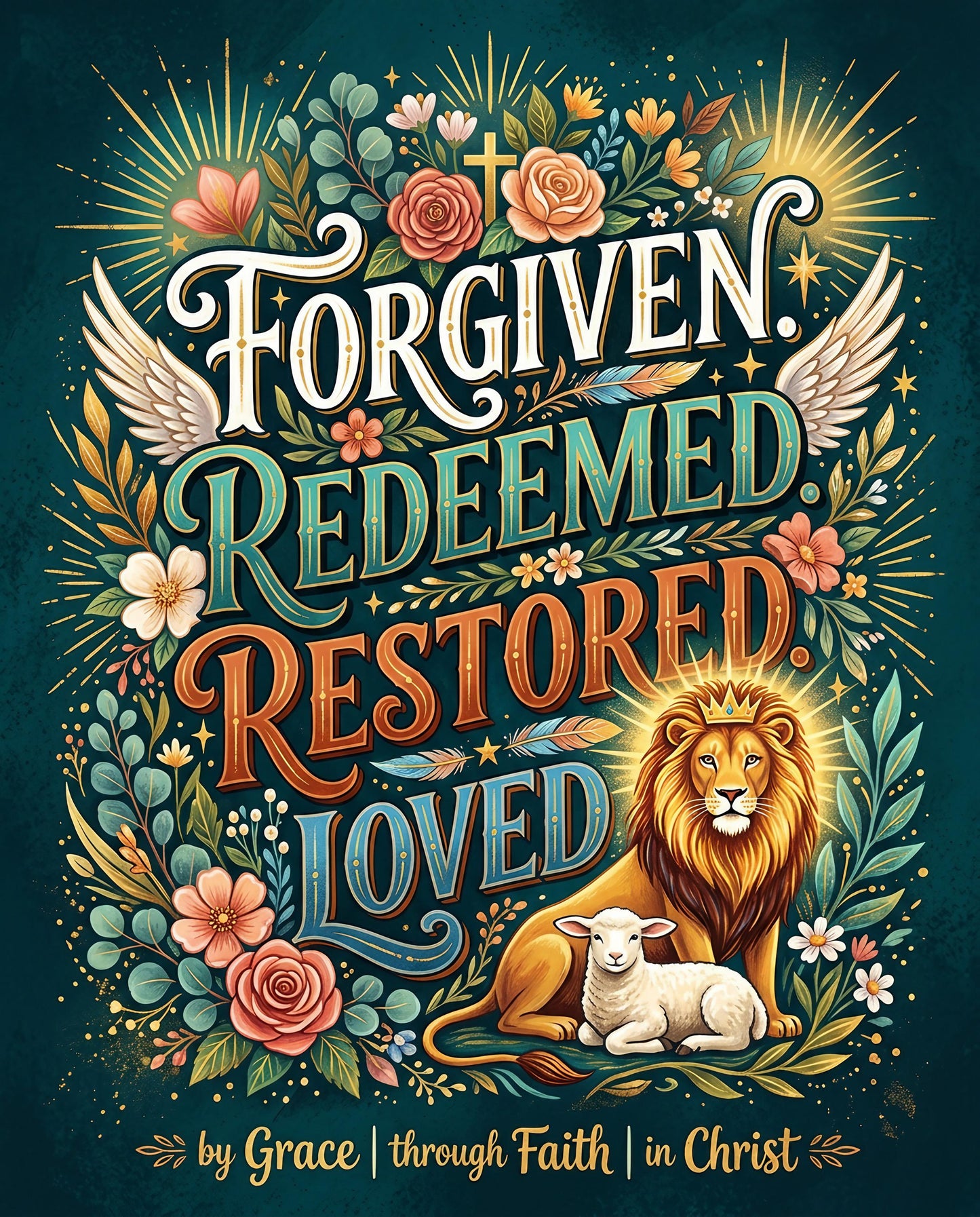 FORGIVEN REDEEMED RESTORED LOVED lettering with lion and lamb, surrounded by floral embellishments.