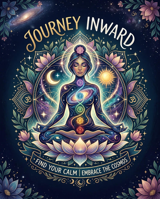 Woman meditating with chakras and cosmic imagery, "JOURNEY INWARD FIND YOUR CALM EMBRACE THE COSMOS."