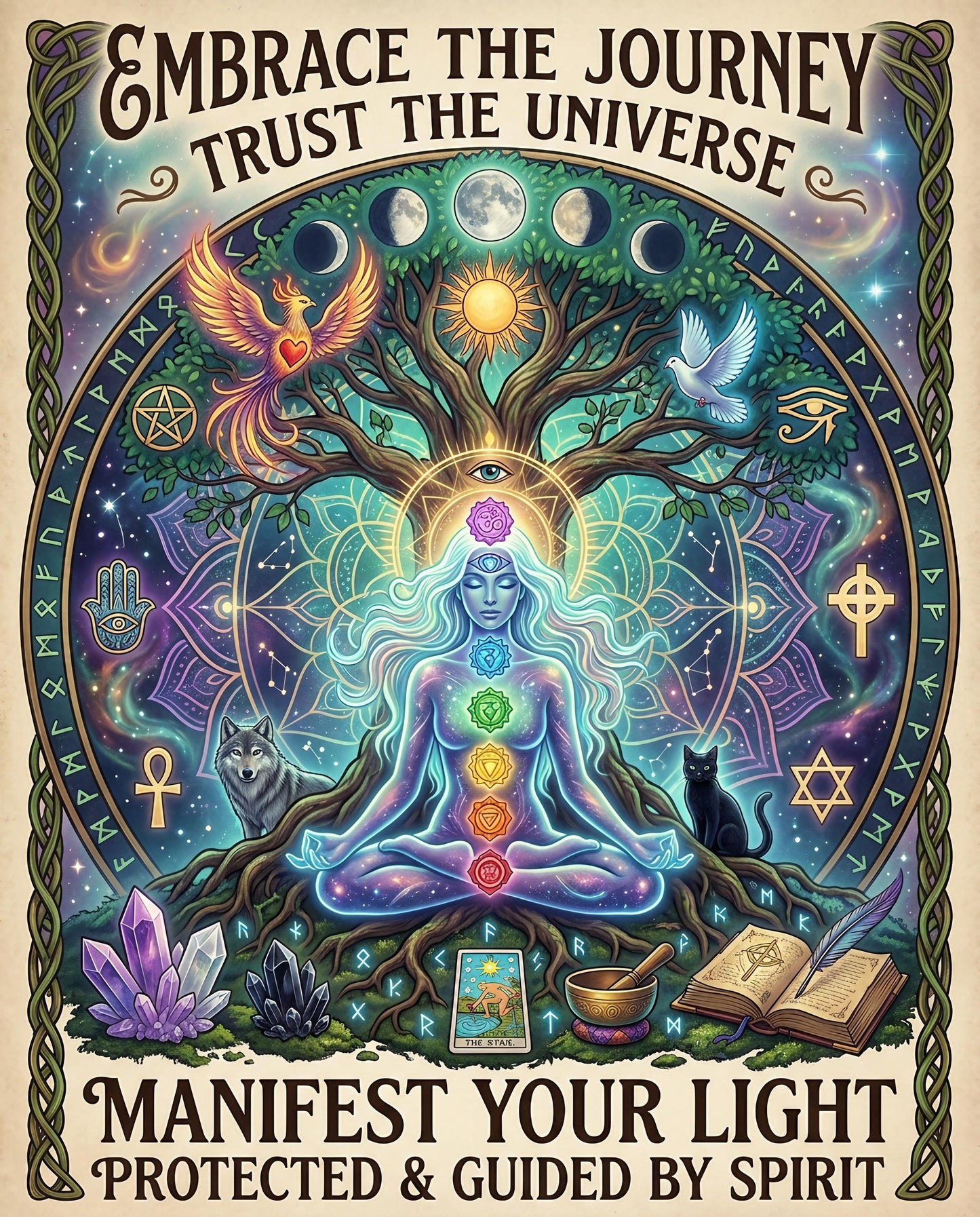 Cosmic tree with chakras, phoenix, animals, celestial bodies, and empowering text.