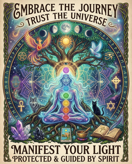 Cosmic tree with chakras, phoenix, animals, celestial bodies, and empowering text.