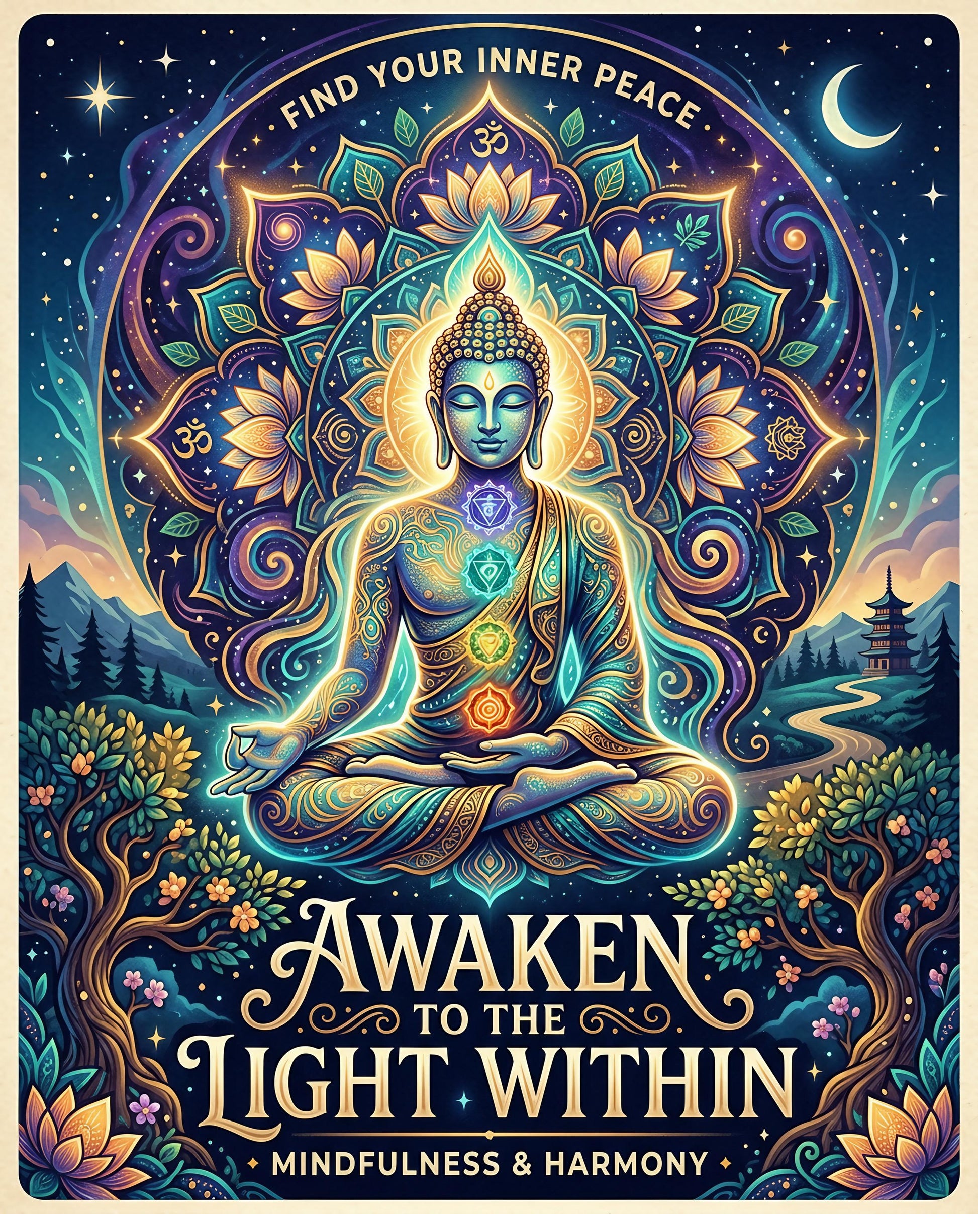 Buddha meditating with chakras, "Awaken to the Light Within" text.