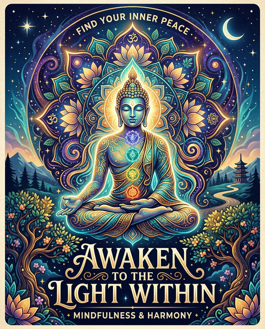 Buddha meditating with chakras, "Awaken to the Light Within" text.