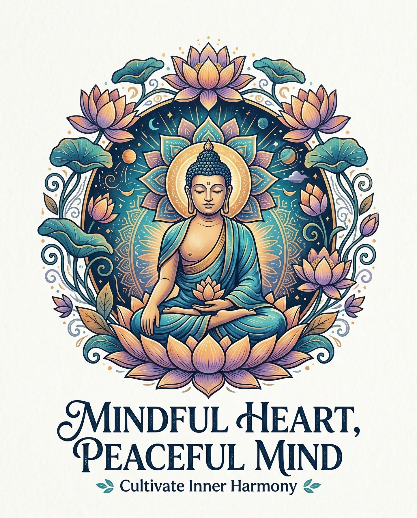 Buddha meditating within lotus flowers, with text "Mindful Heart, Peaceful Mind".
