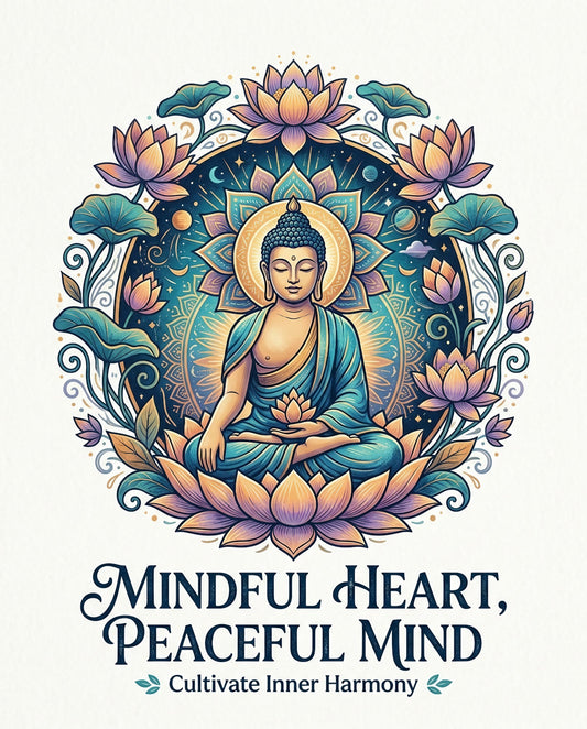 Buddha meditating within lotus flowers, with text "Mindful Heart, Peaceful Mind".