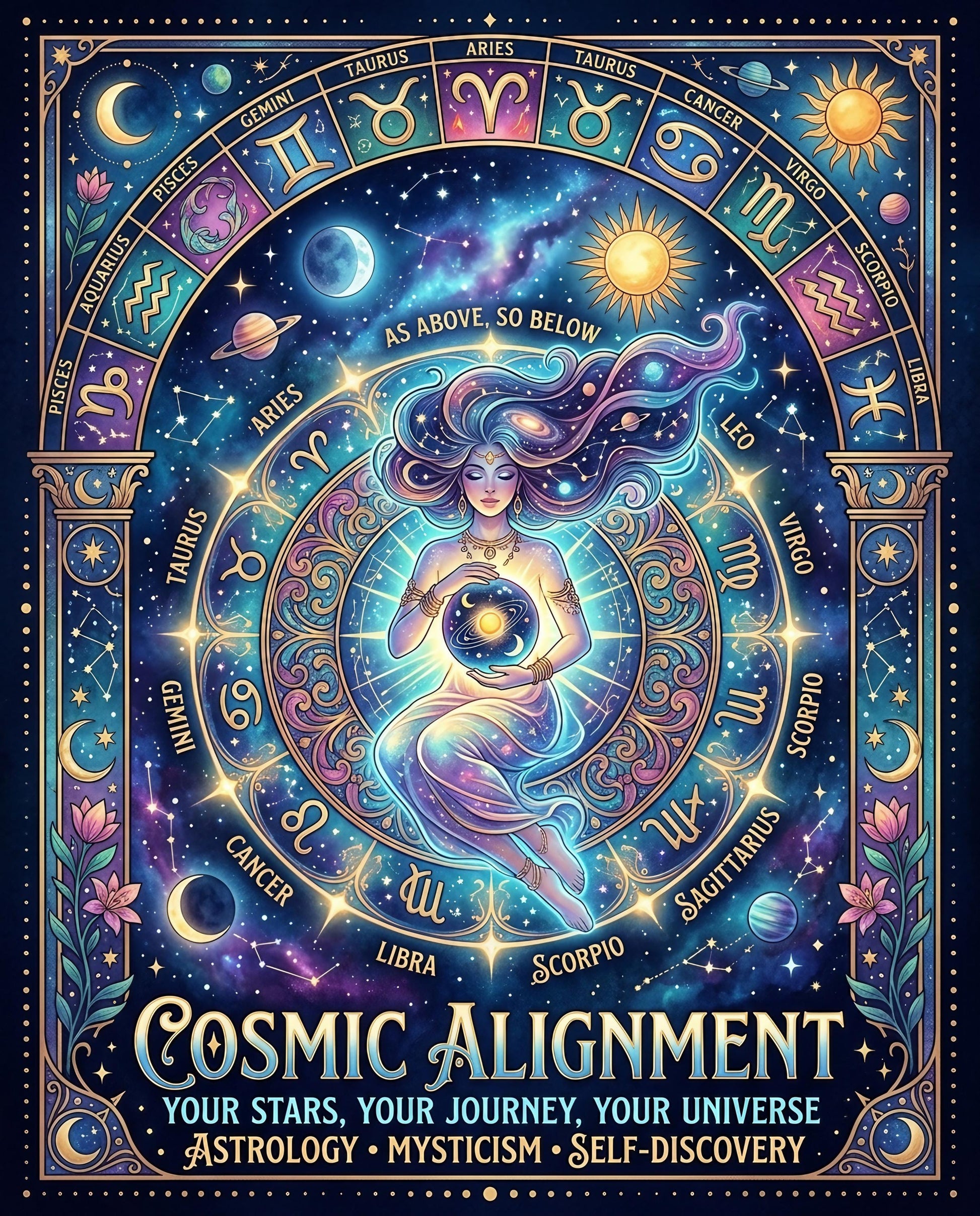 Woman holding a glowing orb within a cosmic zodiac circle, "Cosmic Alignment" text.
