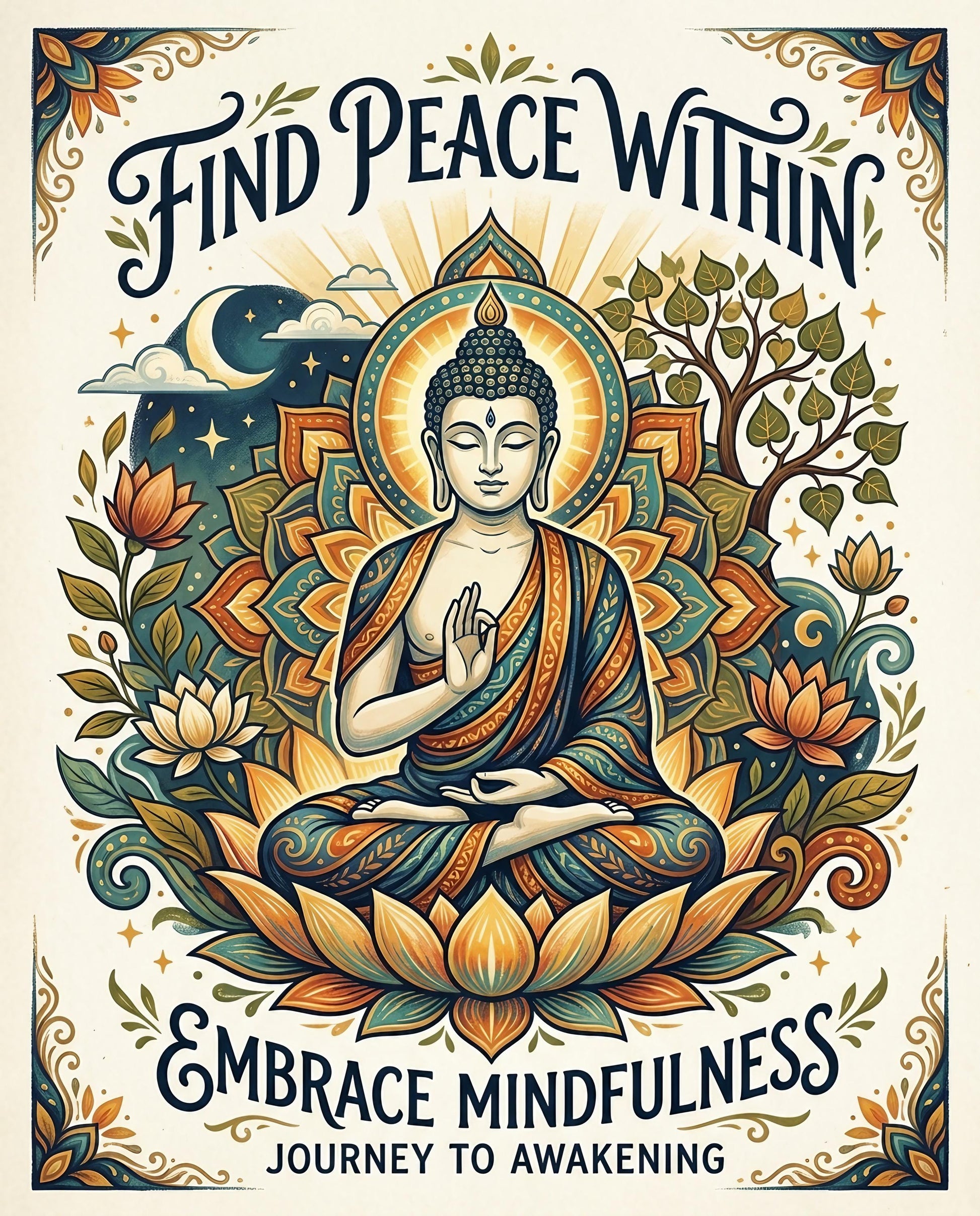 Buddha meditating in lotus pose surrounded by flowers, with text "Find Peace Within Embrace Mindfulness Journey to Awakening".