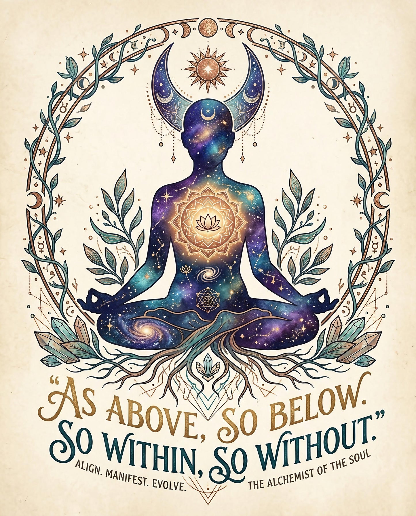 Meditating silhouette with cosmic pattern, "As Above, So Below" quote.