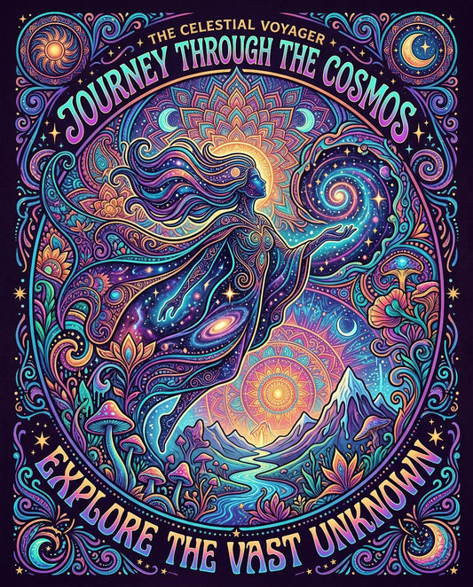 Cosmic voyager exploring the vast unknown with celestial mountains and colorful flora.