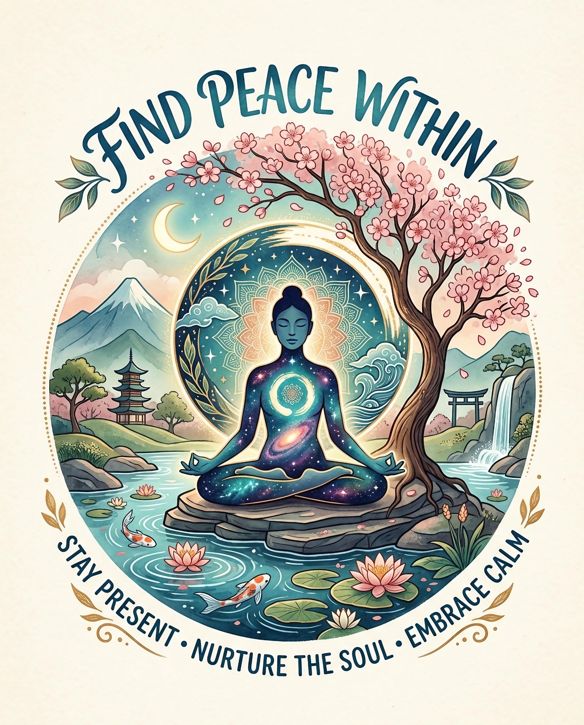 Meditating figure surrounded by galaxy, cherry blossoms, and serene nature scene.