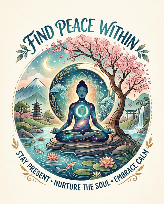 Meditating figure surrounded by galaxy, cherry blossoms, and serene nature scene.