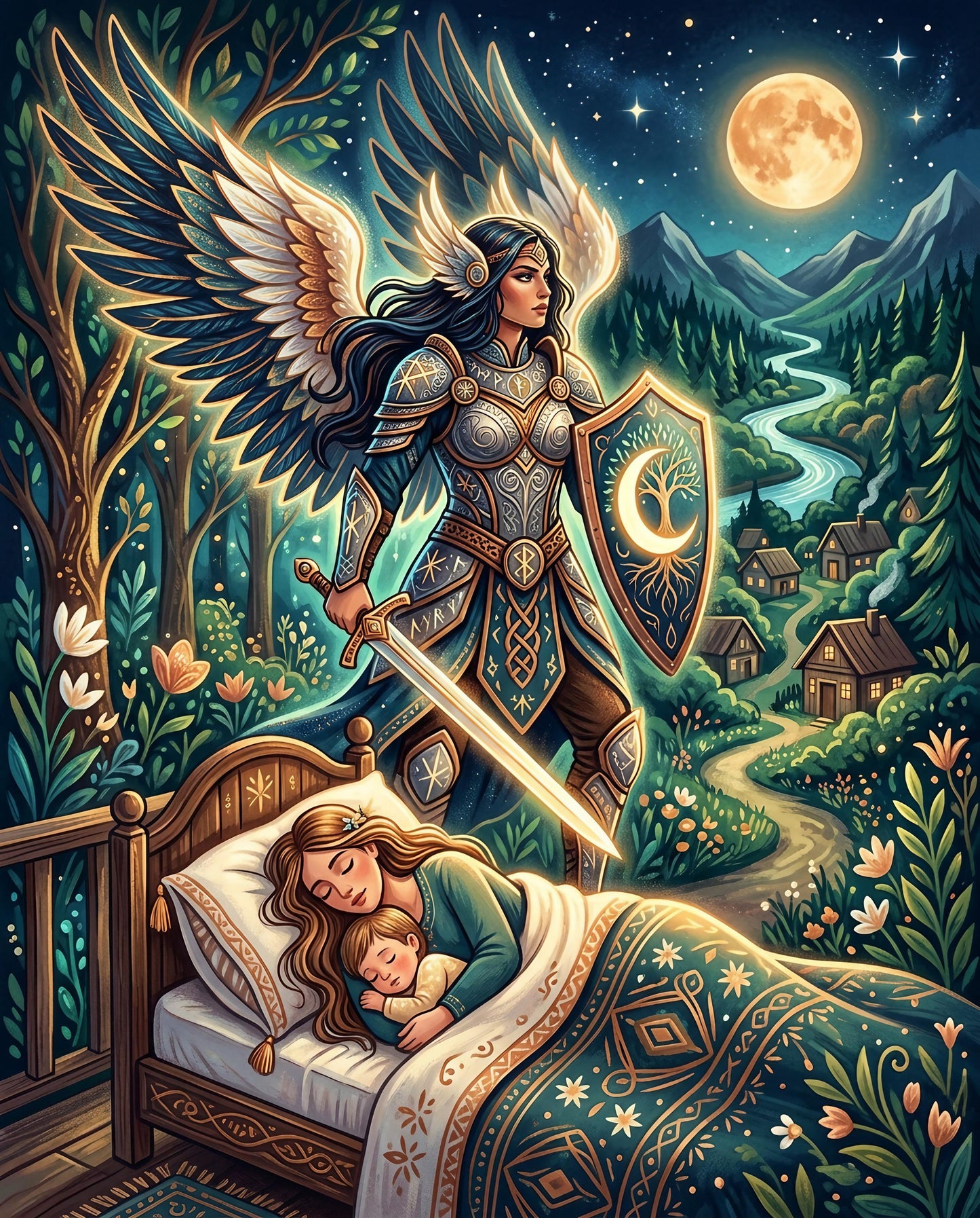 Guardian angel with sword and shield watches over sleeping child in bed.