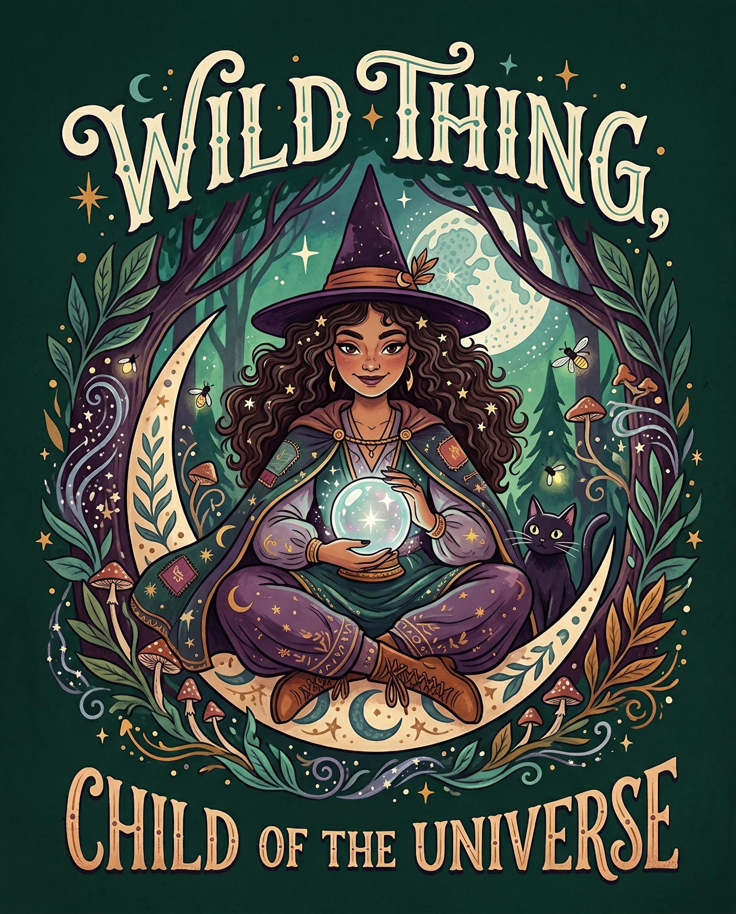 Witch with crystal ball on crescent moon, surrounded by forest.