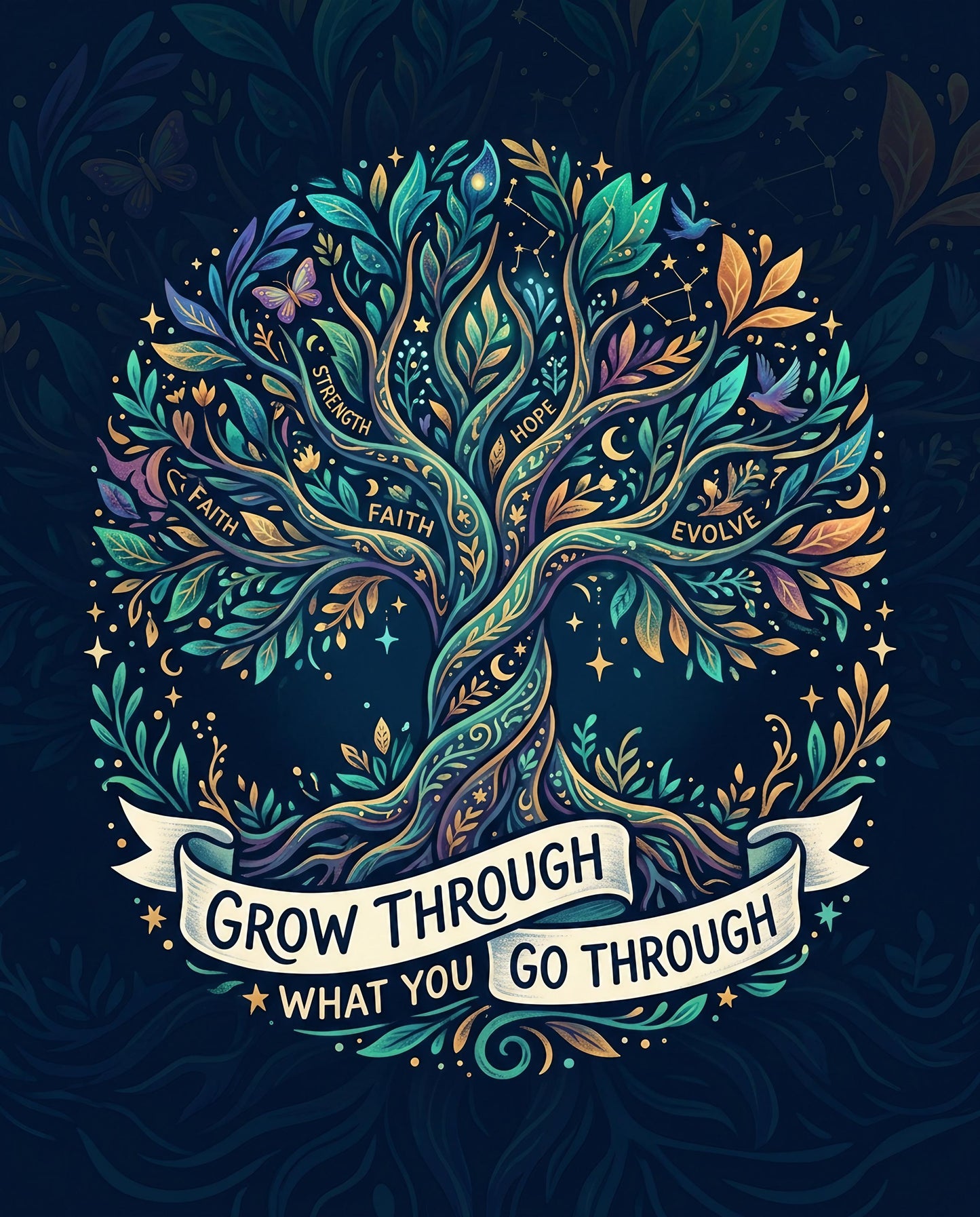 Colorful tree of life with words: Faith, Strength, Hope, Evolve, Grow Through What You Go Through.