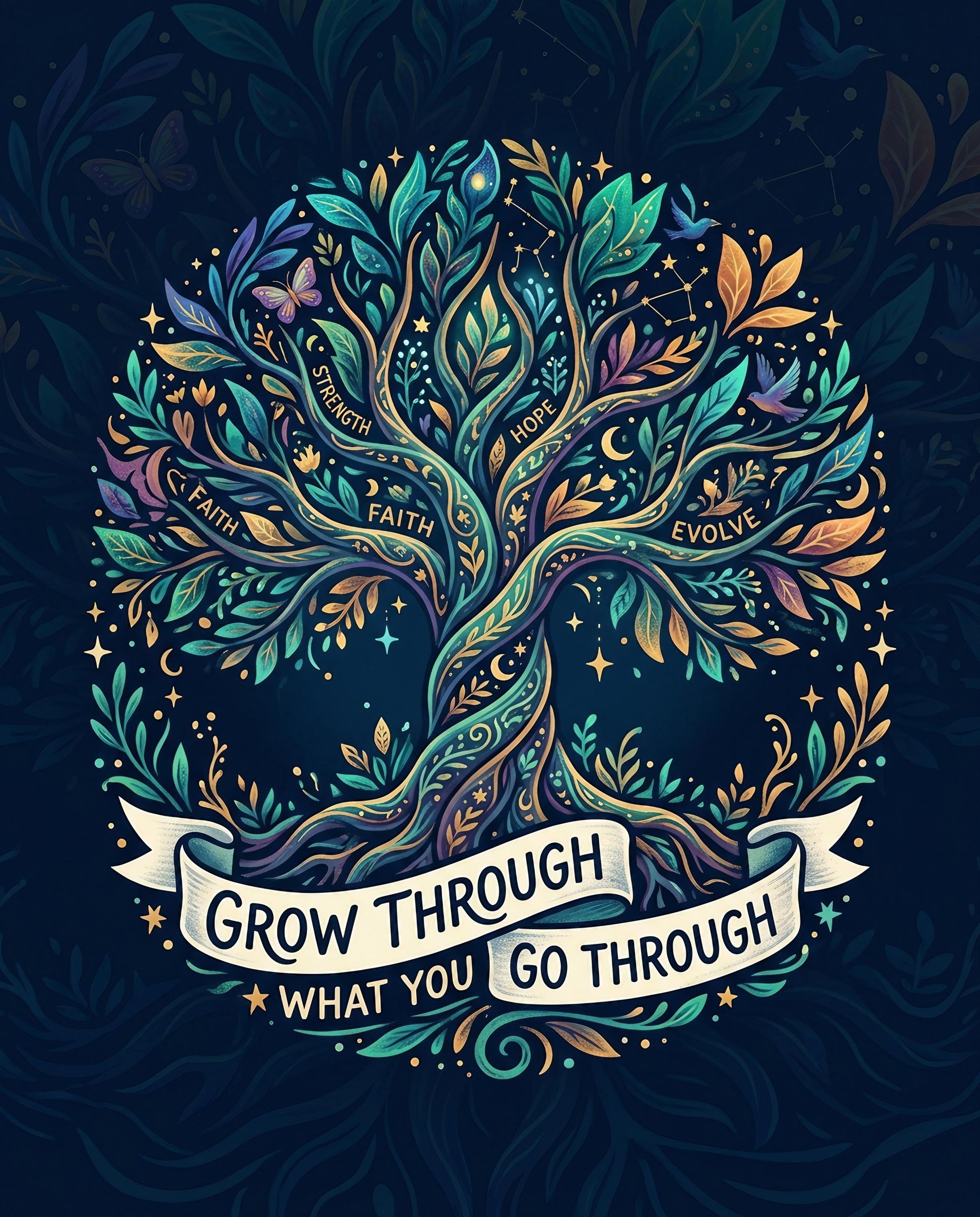 Colorful tree of life with words: Faith, Strength, Hope, Evolve, Grow Through What You Go Through.