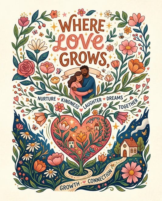 Illustration with text "Where Love Grows" and heartwarming imagery.