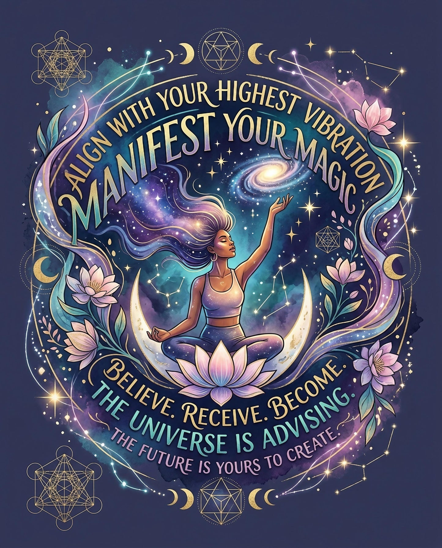 Woman meditating on crescent moon with celestial, floral, and text design.