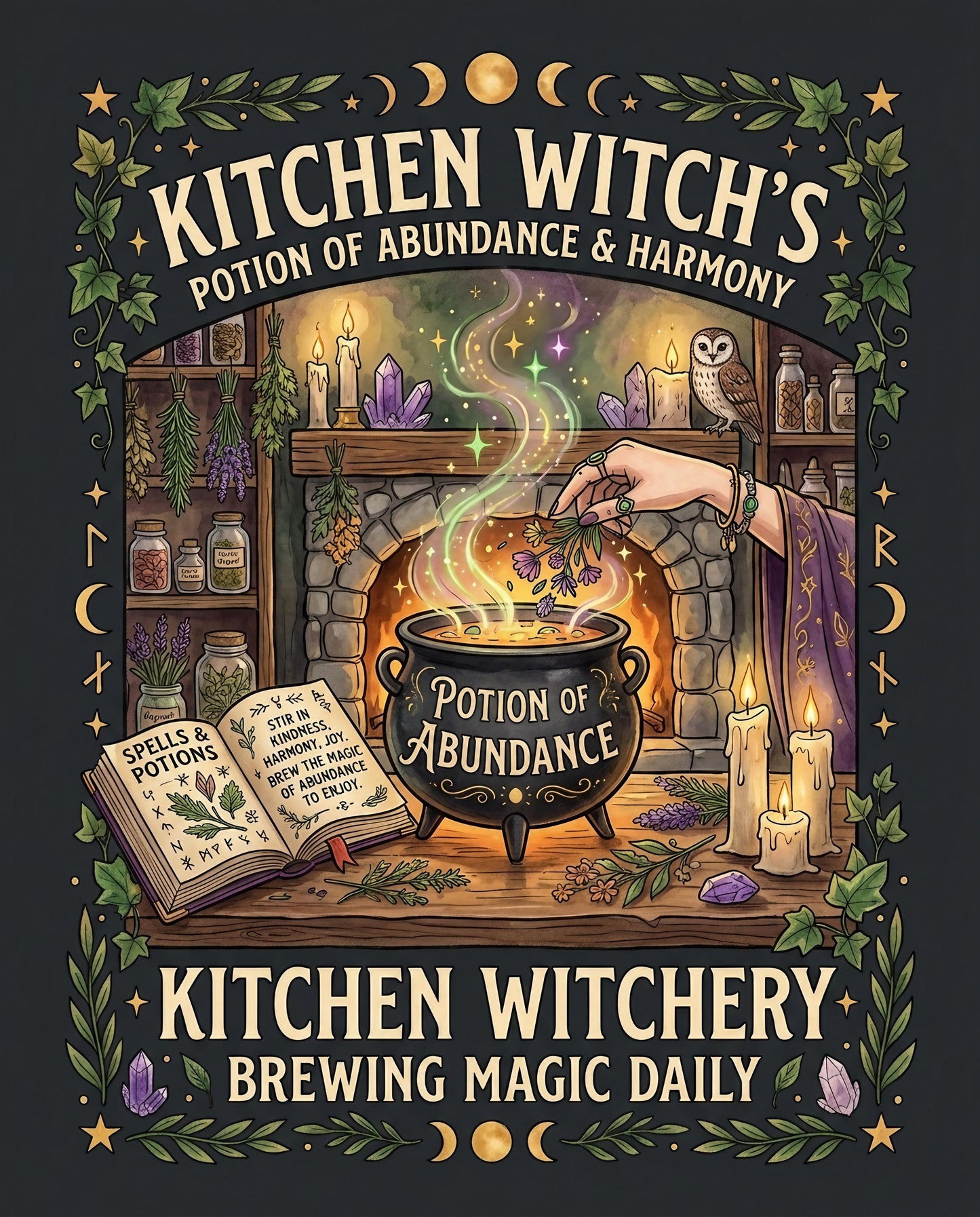 Witch stirring potion of abundance and harmony over fireplace with book and owl.