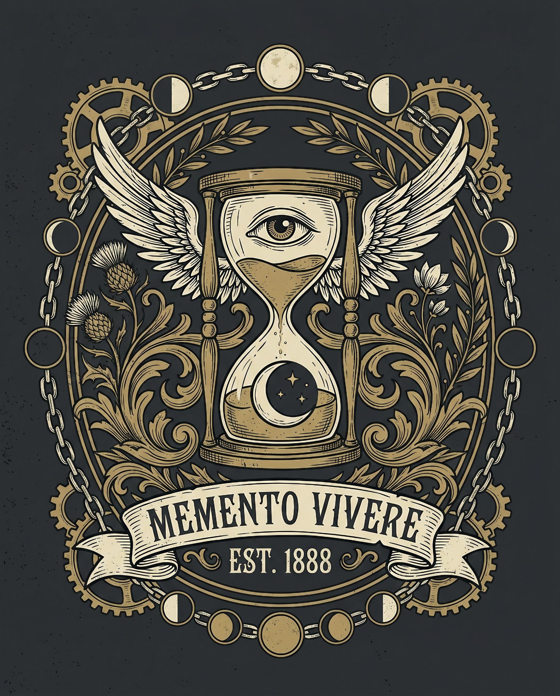 Hourglass with eye and wings, moon phase border, "Memento Vivere Est. 1888".
