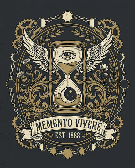Hourglass with eye and wings, moon phase border, "Memento Vivere Est. 1888".